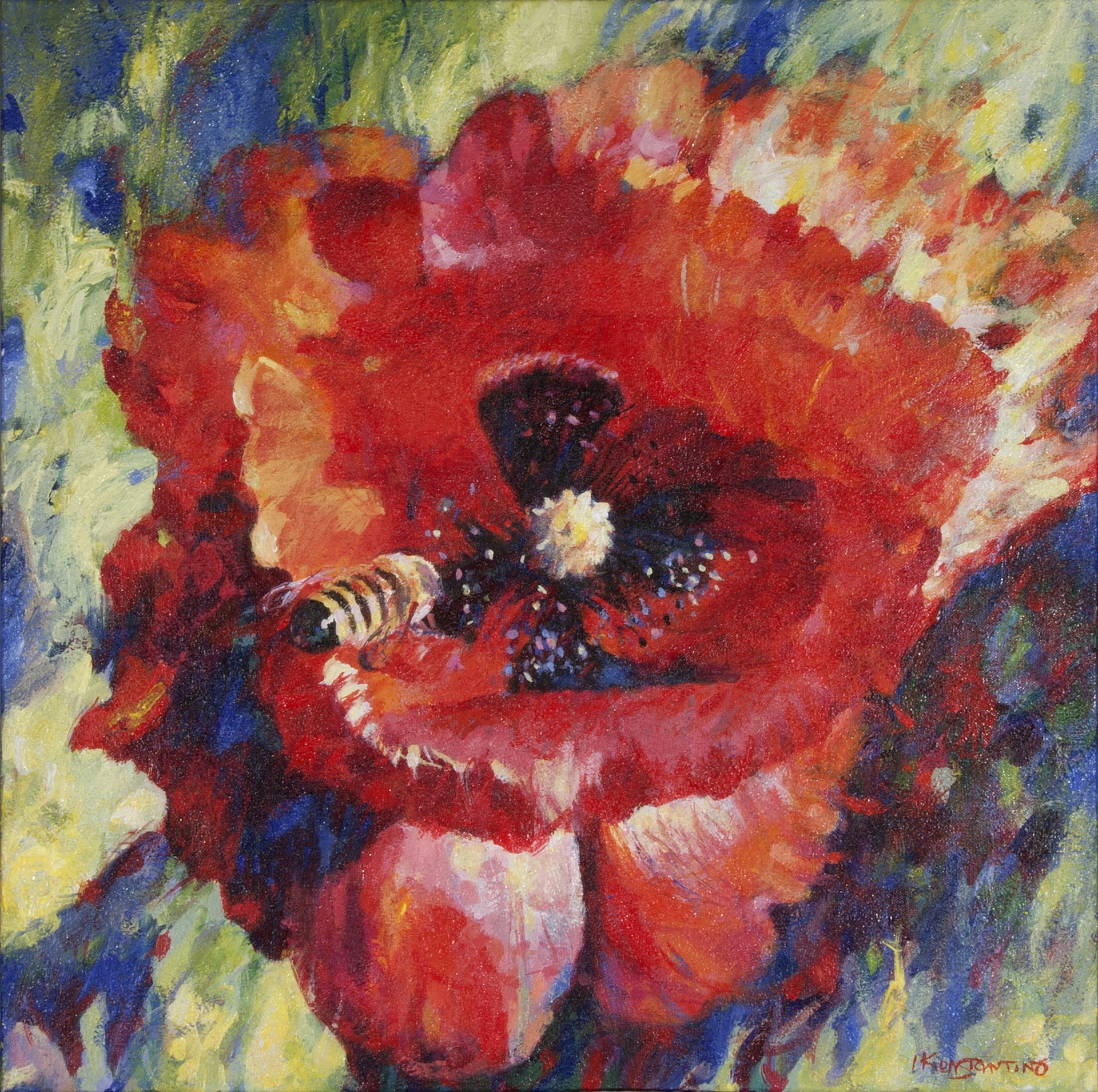 Poppy and a bee, acrylic on canvas,60x60 cm.