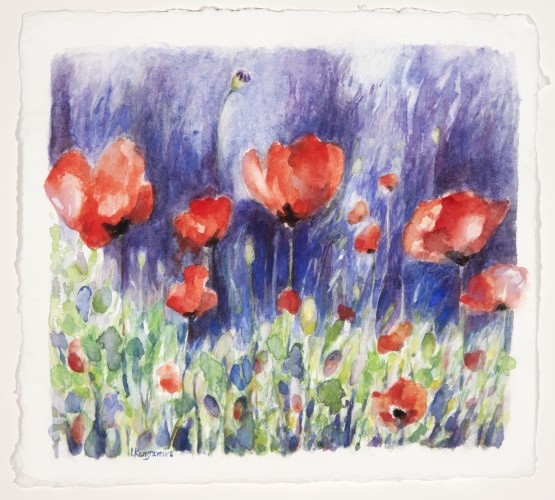 Poppies with purple sky, watercolor on paper, 39x42 cm.
