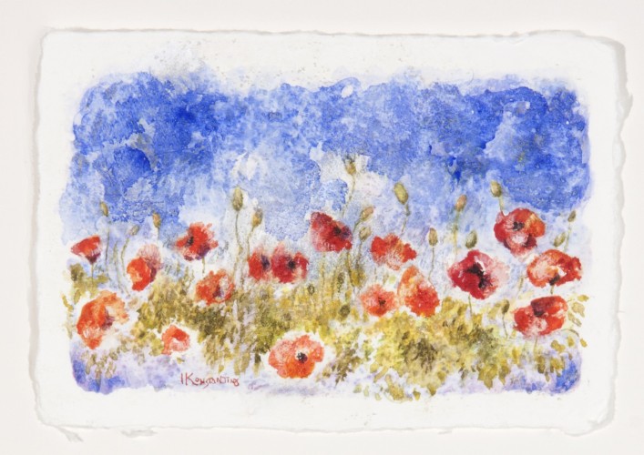 Poppies in front of blue wall, acrylic and watercolor on paper, 14x20 cm.