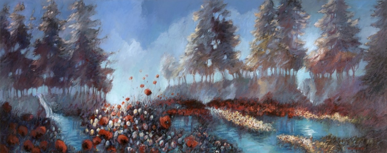 Dusk  at the river, acrylic on canvas, 80x200 cm.
